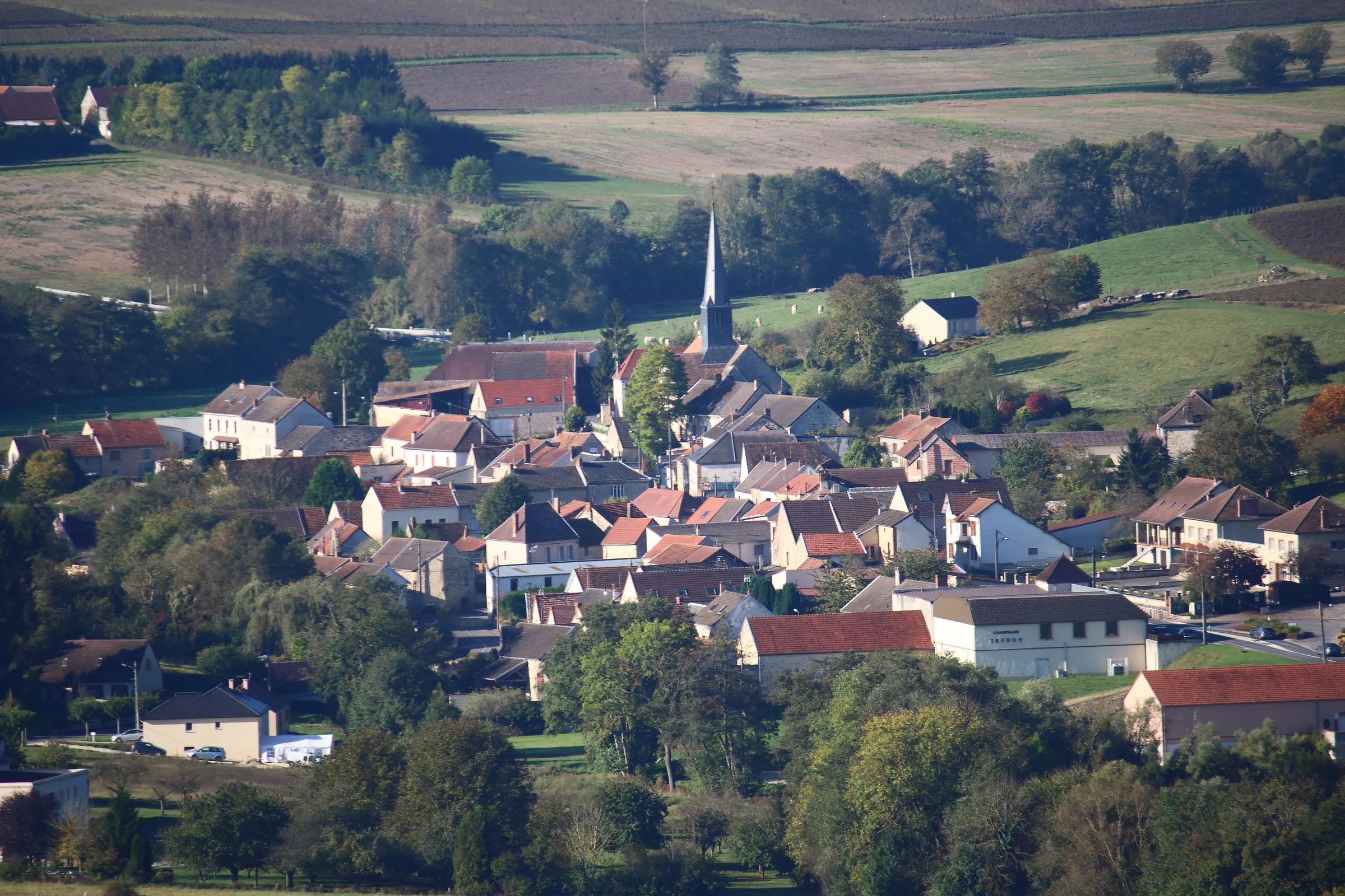 Small village with red roofs and a church spire among trees and fields in the Champagne countryside