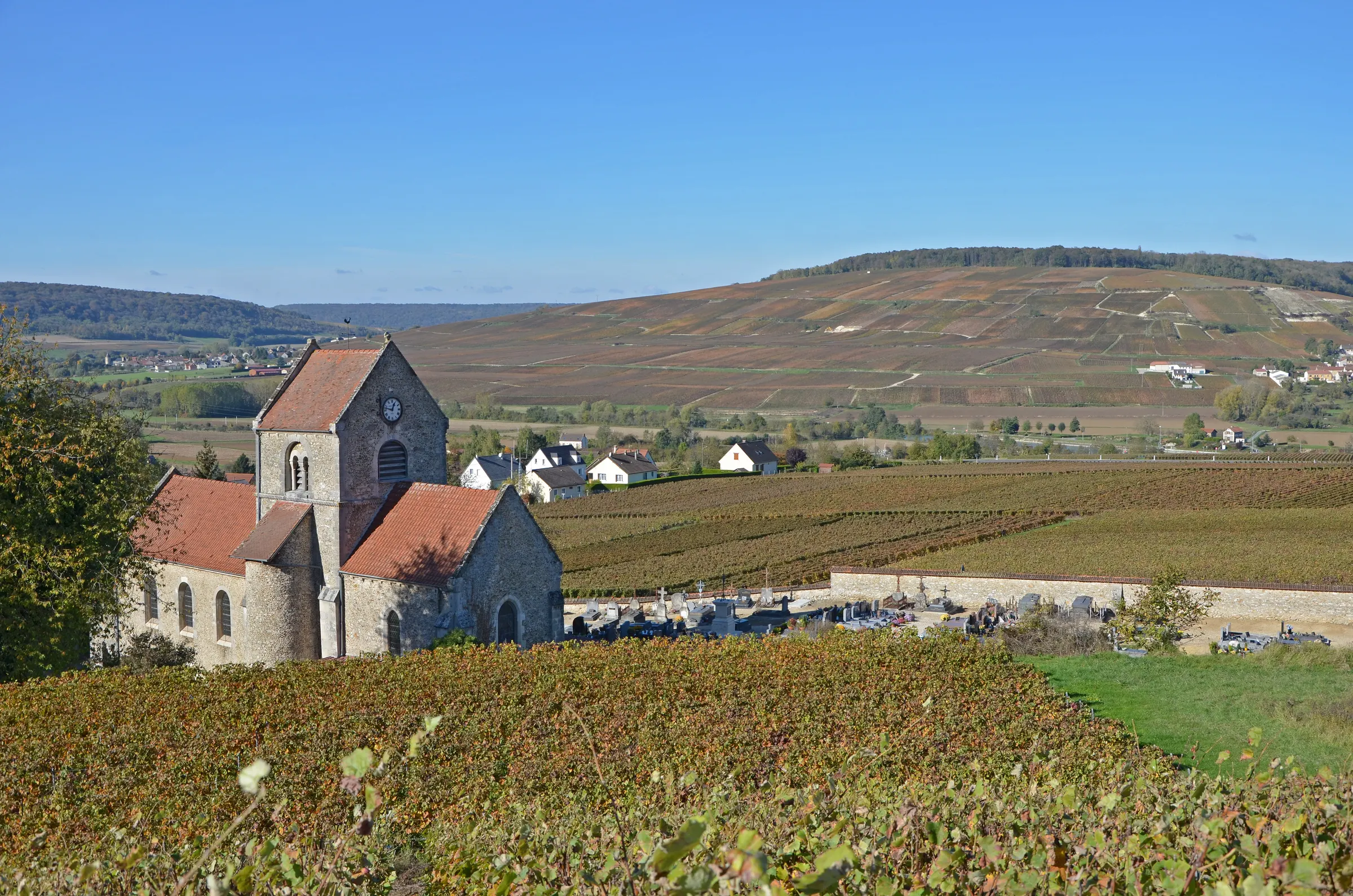 Stone church among autumn-coloured vineyards with a vine-covered hillside behind, at Courthiézy in the Marne valley